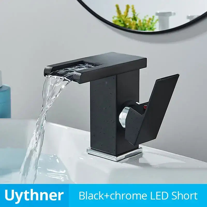 Modern black decorbites led waterfall bathroom sink faucet with black matte finish chrome accents and led lighting