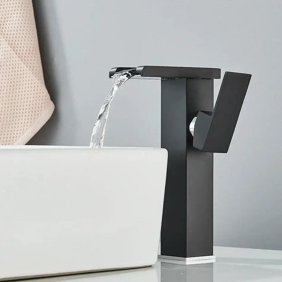 Modern black decorbites led waterfall bathroom sink faucet with matte finish and angular waterfall spout design