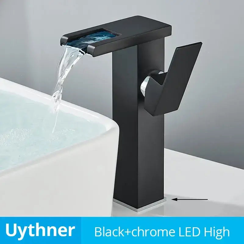 Modern black decorbites led waterfall bathroom sink faucet with black matte finish and integrated led illuminated water flow