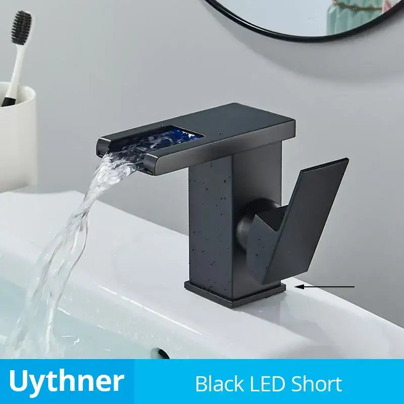 Modern black decorbites led waterfall bathroom sink faucet with sleek rectangular spout and contemporary design