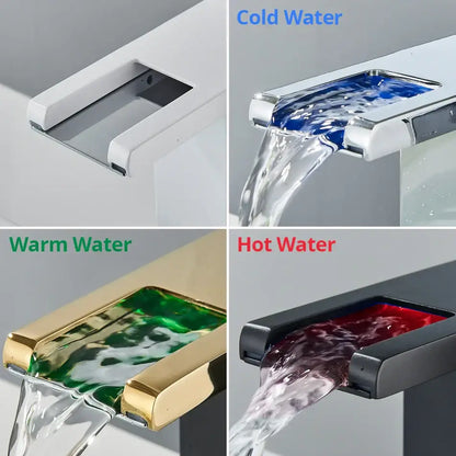 Modern black decorbites led waterfall bathroom sink faucet with sleek metallic finish and colorful illuminated water flow