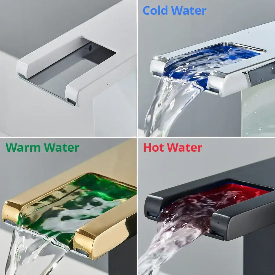 Modern black decorbites led waterfall bathroom sink faucet with sleek metallic finish and colorful illuminated water flow