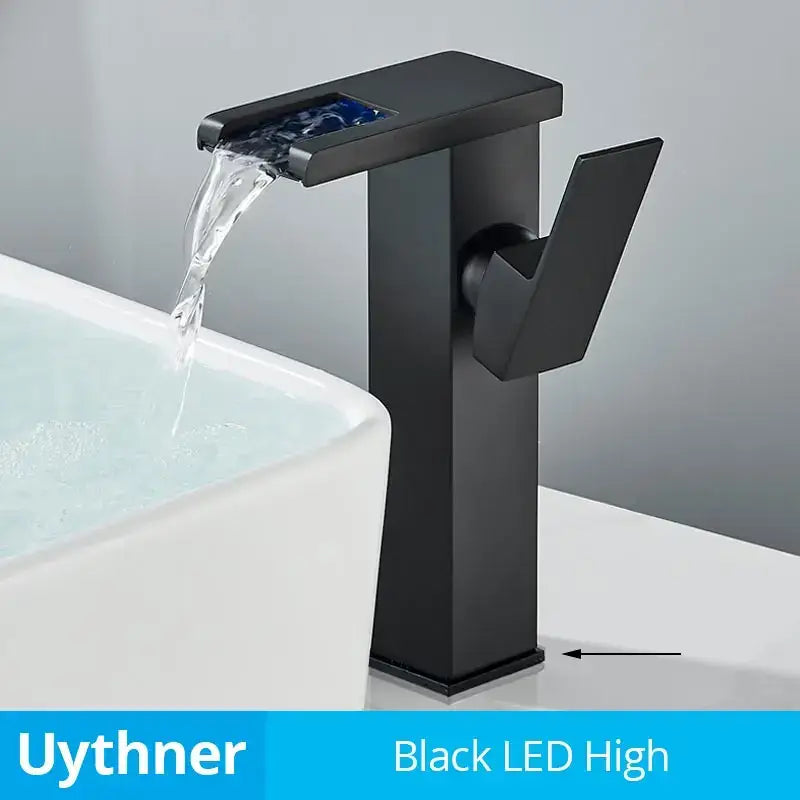 Modern black decorbites led waterfall bathroom sink faucet with sleek design and integrated blue light feature