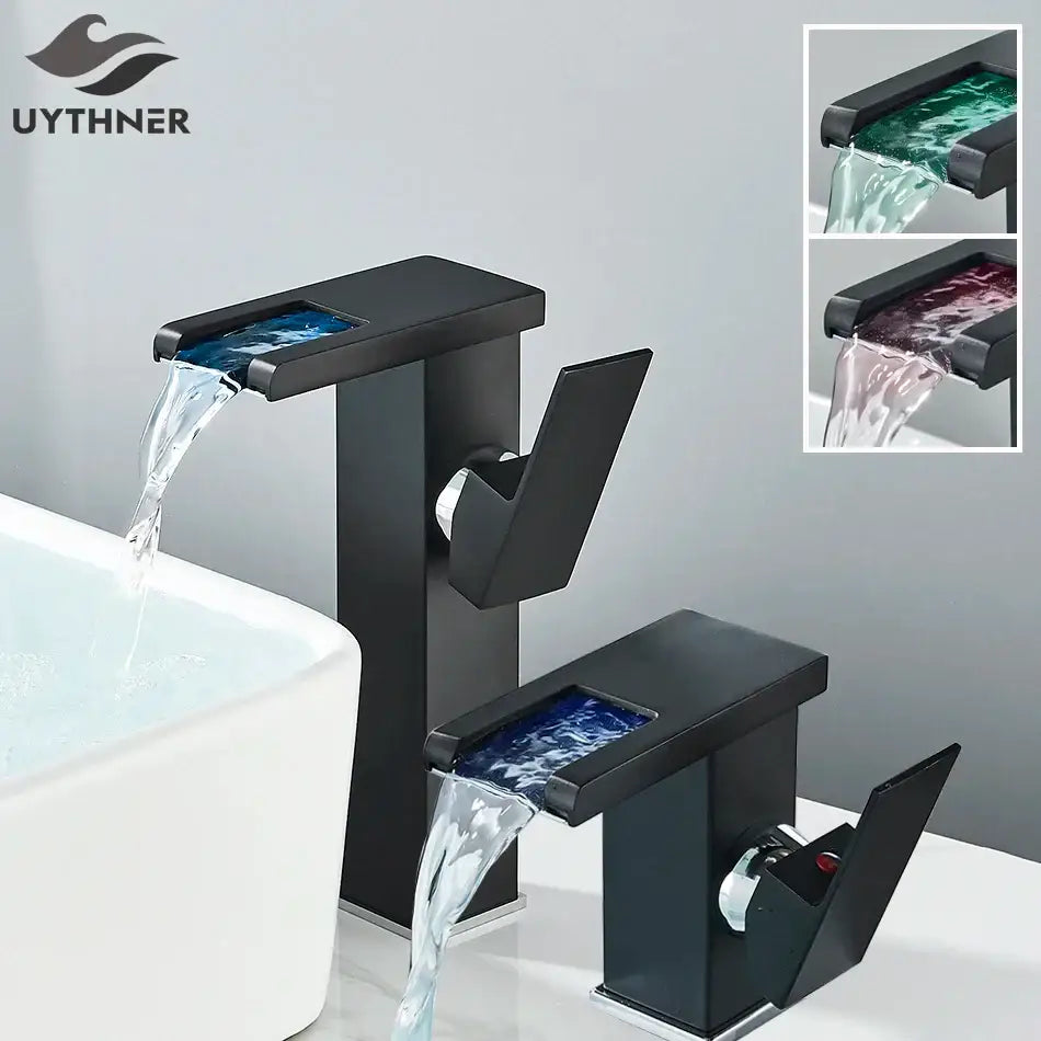 Modern black decorbites led waterfall bathroom sink faucet with sleek design and integrated blue-tinted glass feature