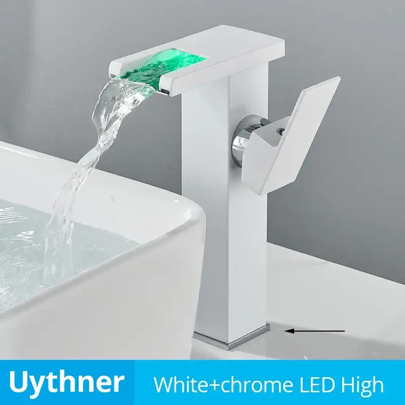 Modern black decorbites led waterfall bathroom sink faucet with white uythner high-arc design and green led spout