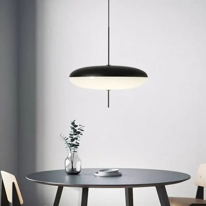 Modern black designer iron pendant light with black and white disc-shaped shade for dining room and bar decorbites designer iron pendant