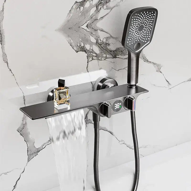 Modern black digital display shower mixer with matte black finish, decorbites digital display, and waterfall spout