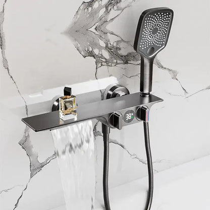 Modern black digital display shower mixer with matte black finish, decorbites digital display, and waterfall spout