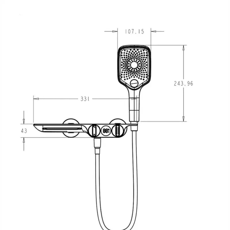 Modern chrome-finished shower mixer with square design and decorbites digital display black temperature panel