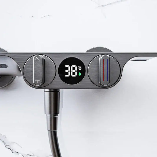 Modern black digital display shower mixer with brushed stainless steel temperature control panel and decorbites digital display