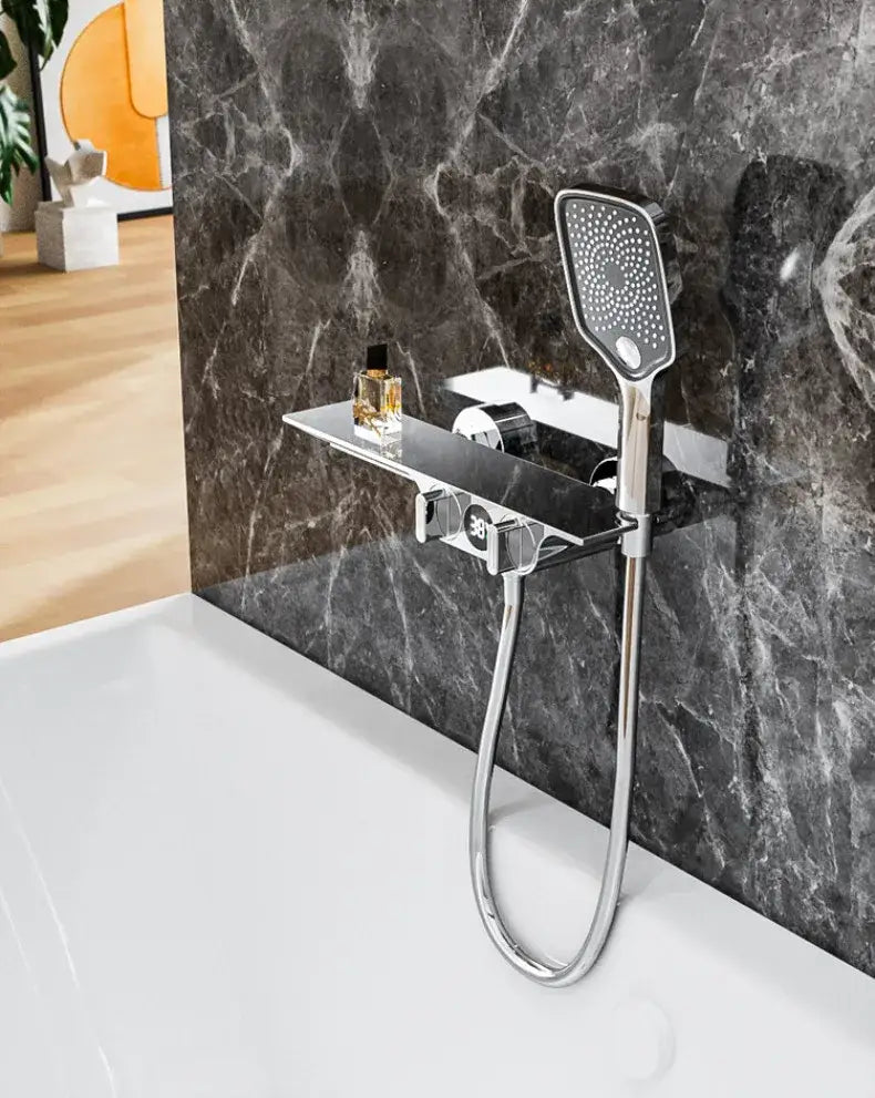 Modern black digital display shower mixer with chrome-finished faucet handheld spray and integrated shelf by decorbites digital display