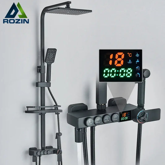 Modern black digital shower system from decorbites with rainfall head and smart display showing temperature and time