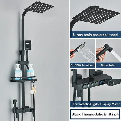 Modern black decorbites digital shower system with rainfall head handheld spray and thermostatic mixer for bathroom use