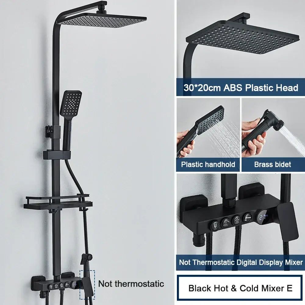 Modern decorbites black digital shower system with rainfall head, black matte finish, handheld shower, and brass bidet nozzle