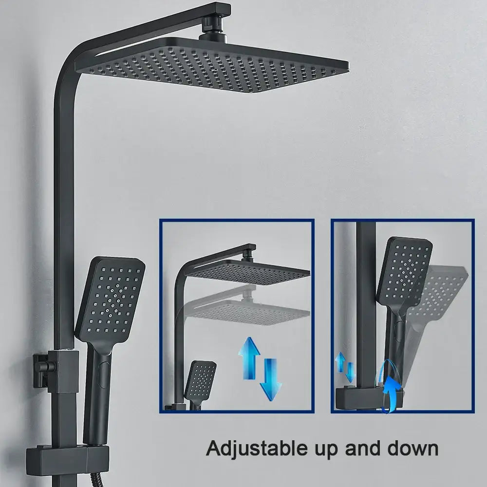 Modern black digital shower system with decorbites black matte finish, rainfall head, and handheld spray for bathroom use