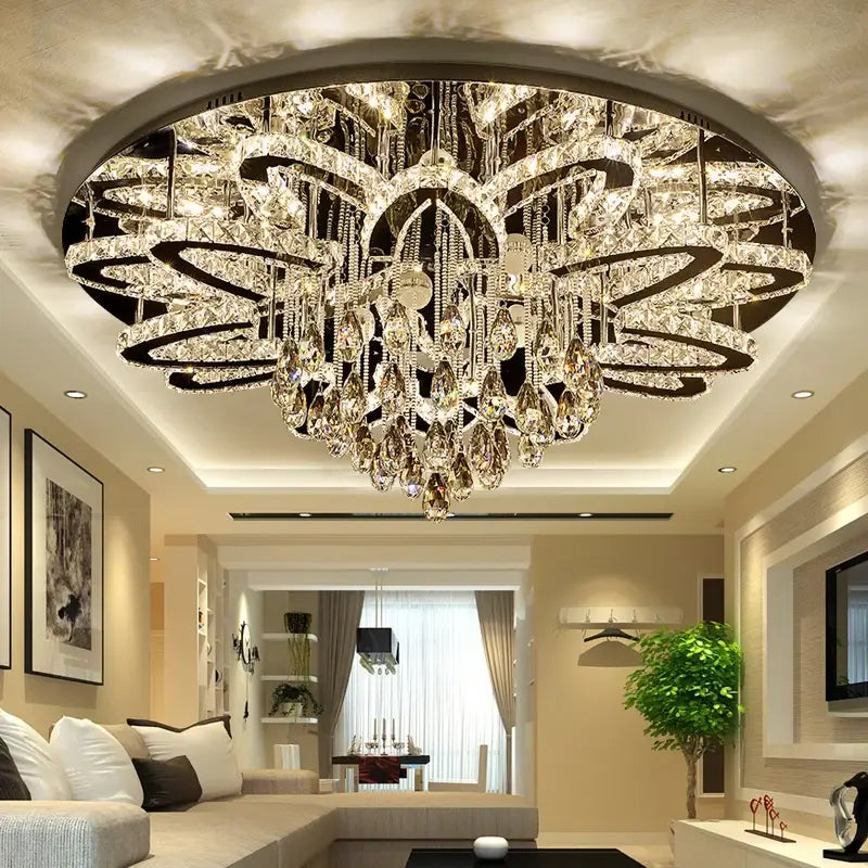 Modern black dimmable led crystal chandelier featuring intricate metal rings and teardrop crystals for elegant decorbites lighting