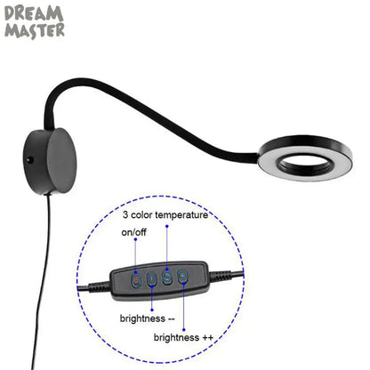 Black flexible arm dimmable led wall lamp with circular led ring light and control panel for decorbites dimmable led