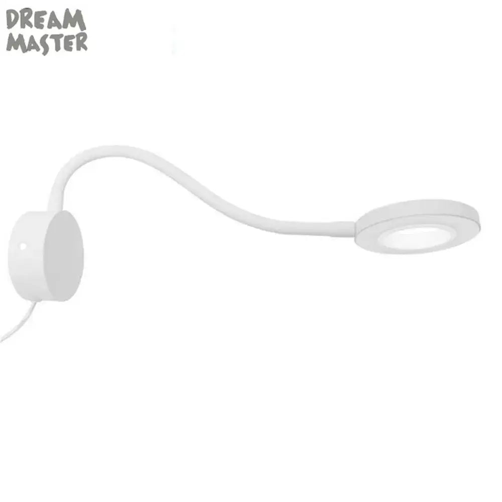 White flexible gooseneck reading wall lamp with circular light head dimmable led by decorbites