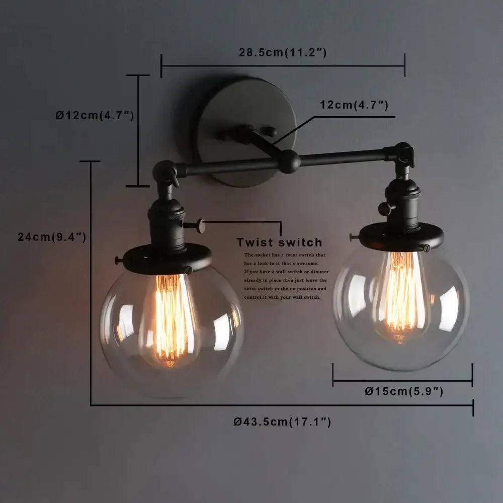 Modern black double ball heads globe glass wall sconce with two clear glass shades and vintage edison bulbs for bedroom lighting