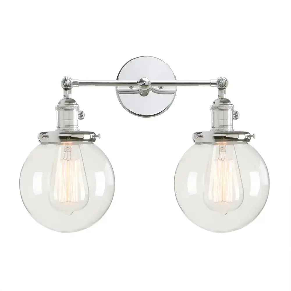 Modern black double ball heads globe glass wall sconce with chrome finish and exposed filament bulbs for bedroom lighting