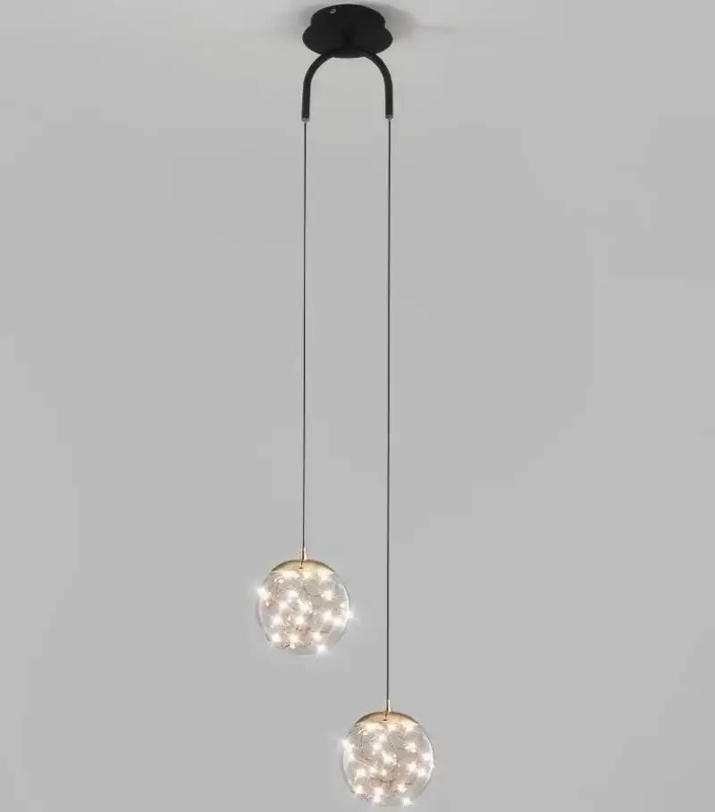 Modern black double glass ball pendant light with two spherical glass balls and warm white led bulbs for bedroom ceiling