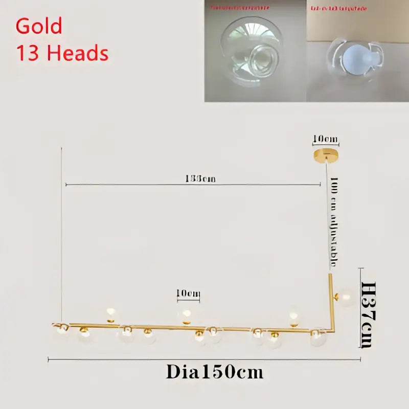 Modern black double glass lampshade chandelier with 13 gold-colored spherical glass light heads for dining room