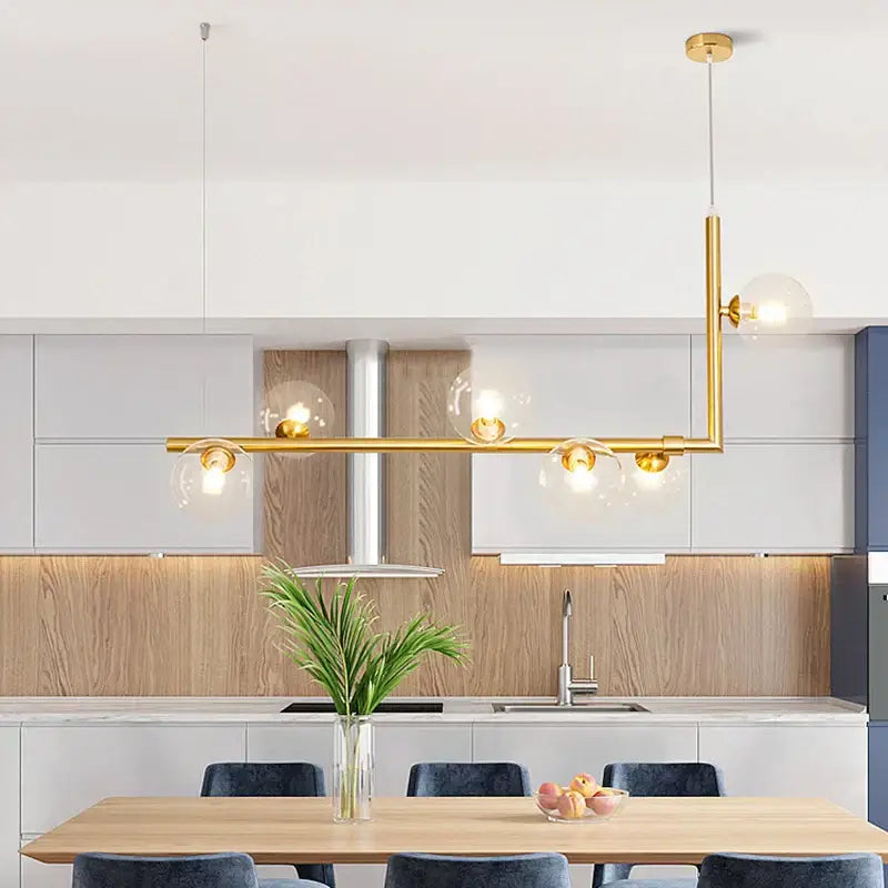 Modern black double glass lampshade chandelier with gold-toned pendant and clear glass globe bulbs for dining room