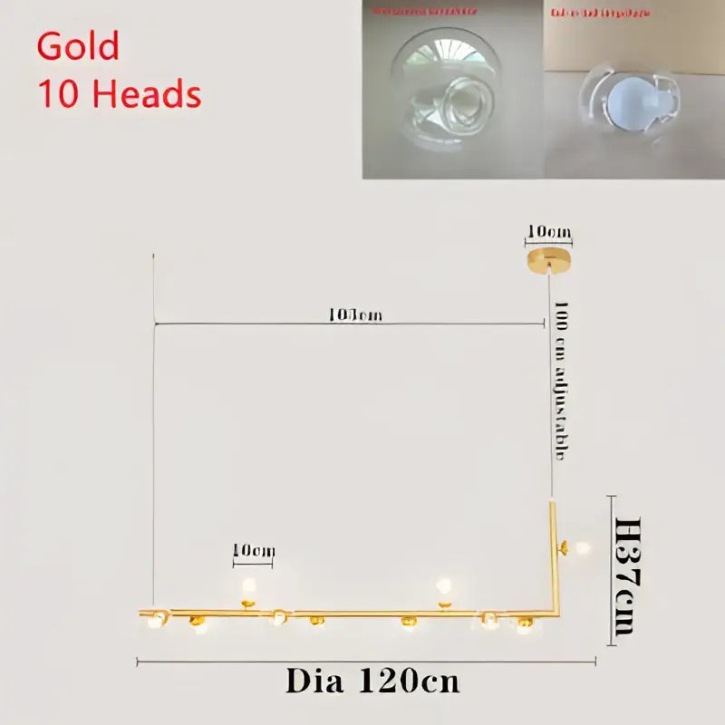 Modern gold double glass lampshade chandelier with ten spherical light heads in an adjustable linear design for dining room