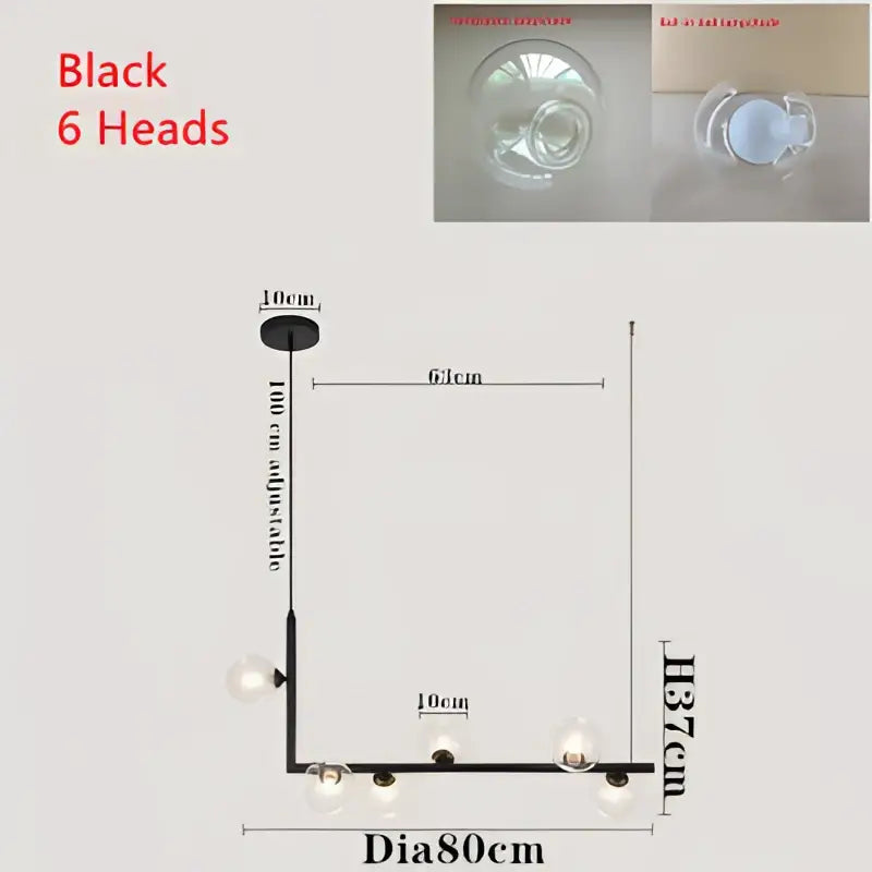 Modern black metal chandelier with six spherical glass globes featuring a double glass lampshade design for dining room