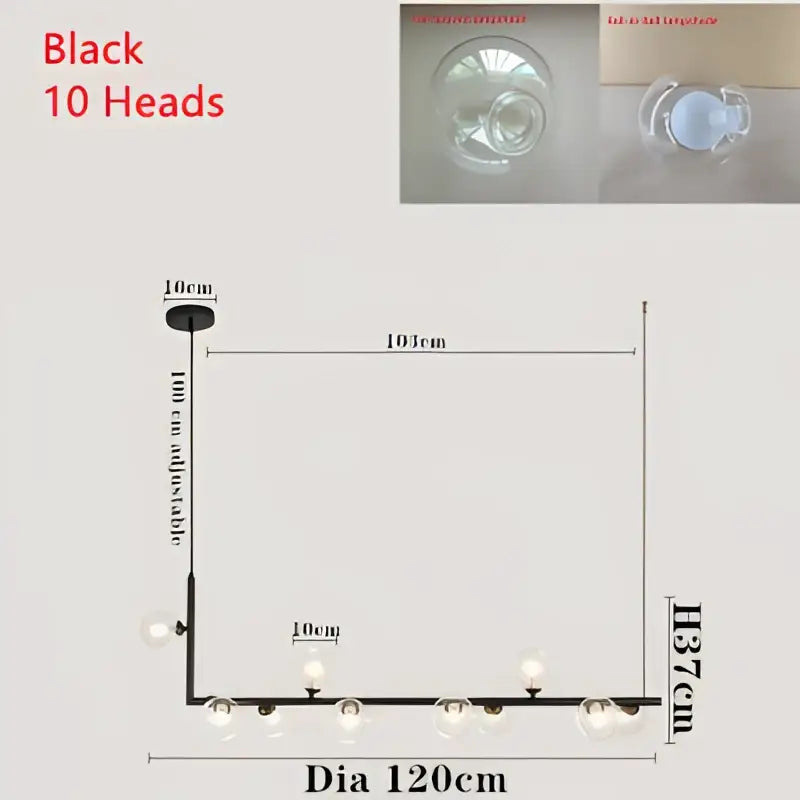 Modern black metal chandelier with ten spherical bulbs featuring double glass lampshade for dining room lighting