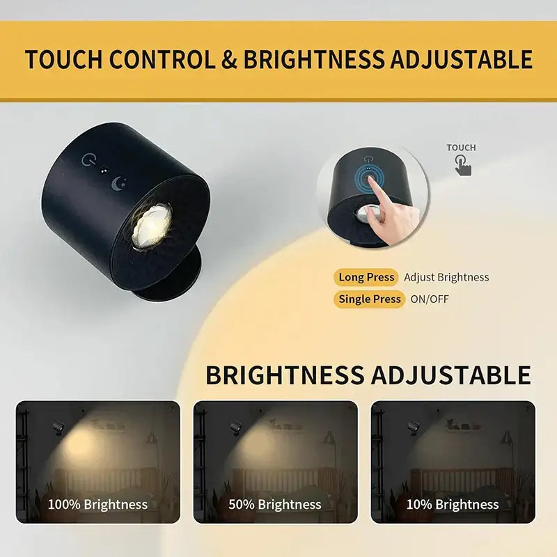 Modern black double head led wall lamp featuring cylindrical touch-controlled spotlight with adjustable brightness levels