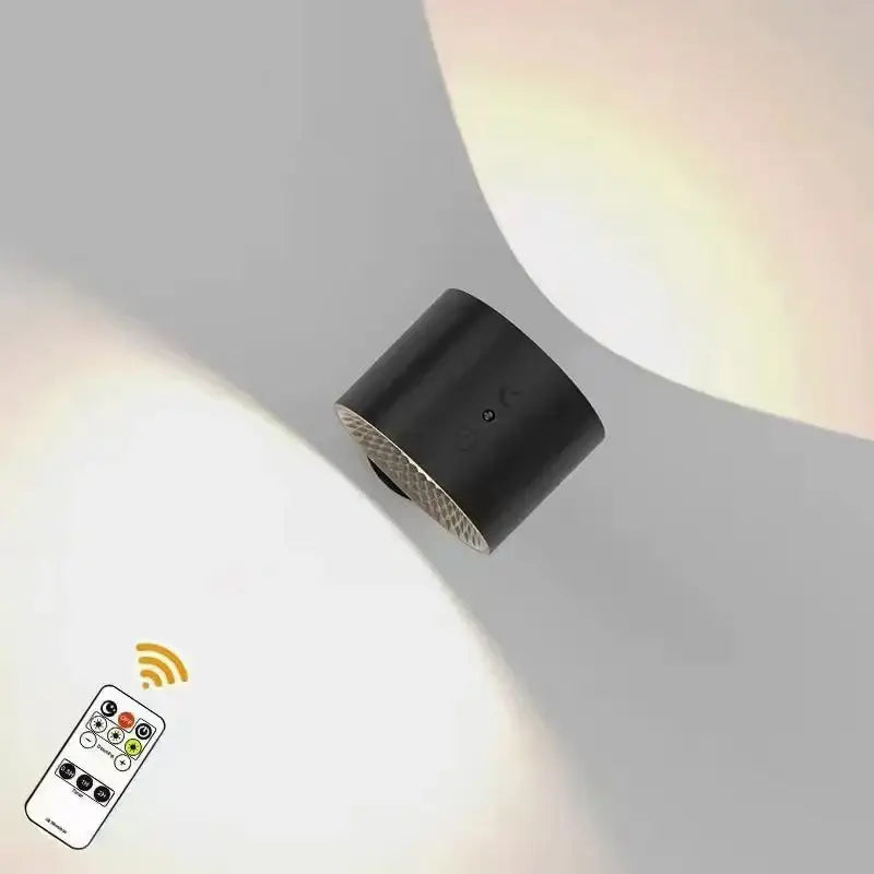 Modern black double head led wall lamp with cylindrical textured metallic spotlight and remote for color-changing illumination
