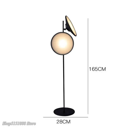 Modern black metal floor lamp with spherical globe and adjustable spotlight 165cm tall decorbites double horn radar