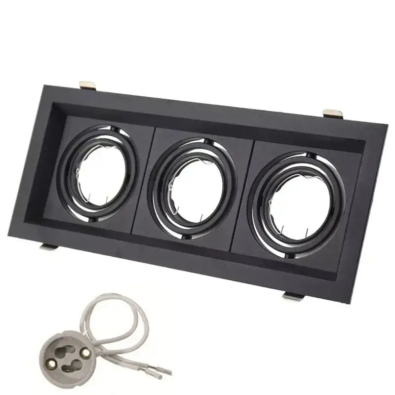 Black rectangular double ring led recessed ceiling light fixture with three circular sockets and matching bulb holder for living room