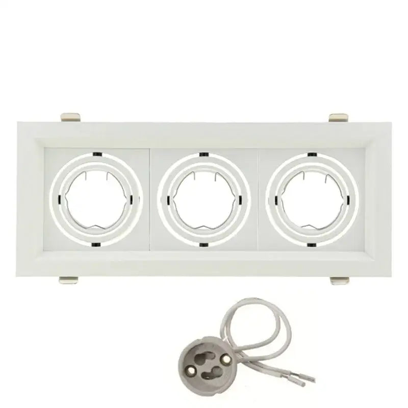White rectangular recessed lighting fixture with three circular sockets and metallic base for modern double ring led ceiling use