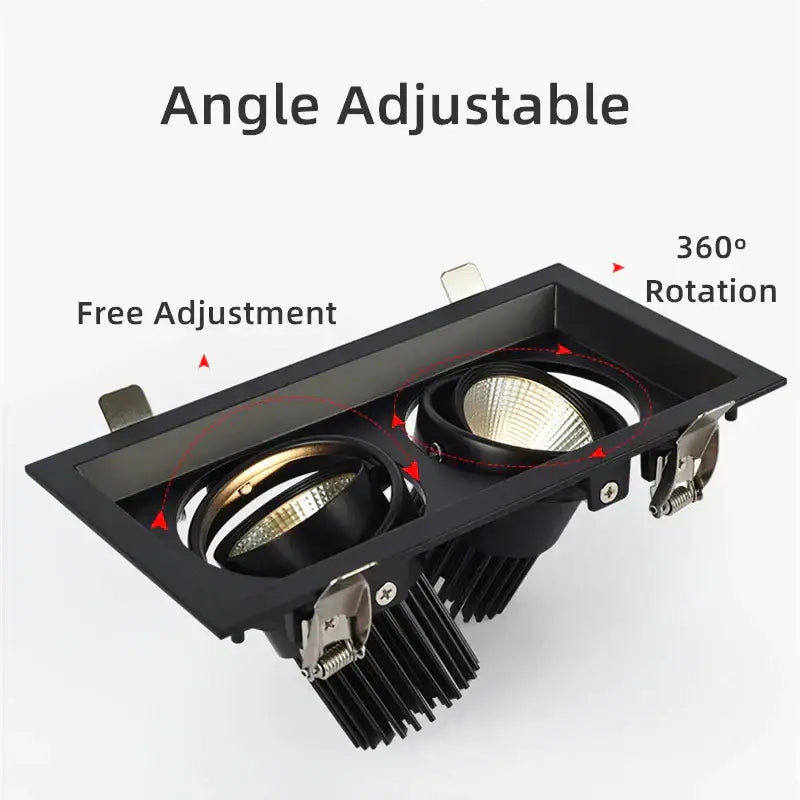 Modern black double ring led recessed ceiling light with two adjustable spotlights and metallic reflectors for living room