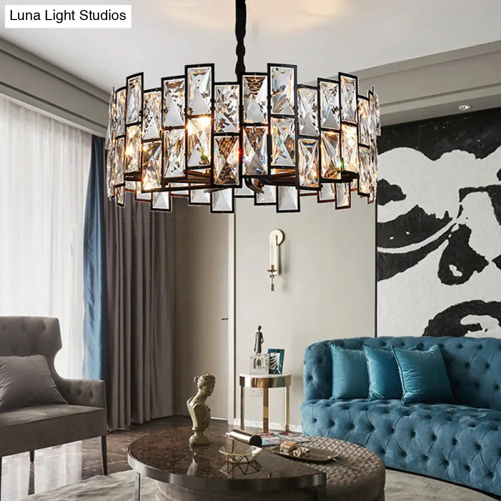 Modern Black Drum Crystal Pendant Light for Living Room - 6-Light Chandelier