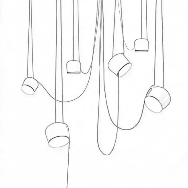 Minimalist line drawing of decorbites black drum led pendant with multiple cylindrical shades for kitchen ceiling light