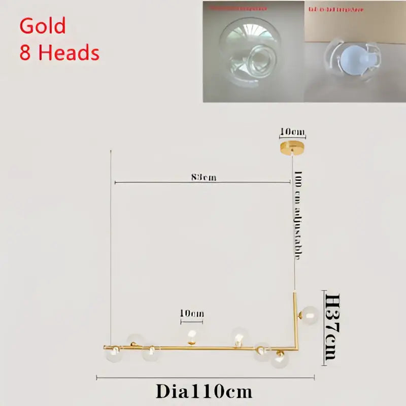 Modern black dual glass lamp ceiling chandelier with gold-colored metal and eight spherical glass bulbs for dining room decorbites dual glass