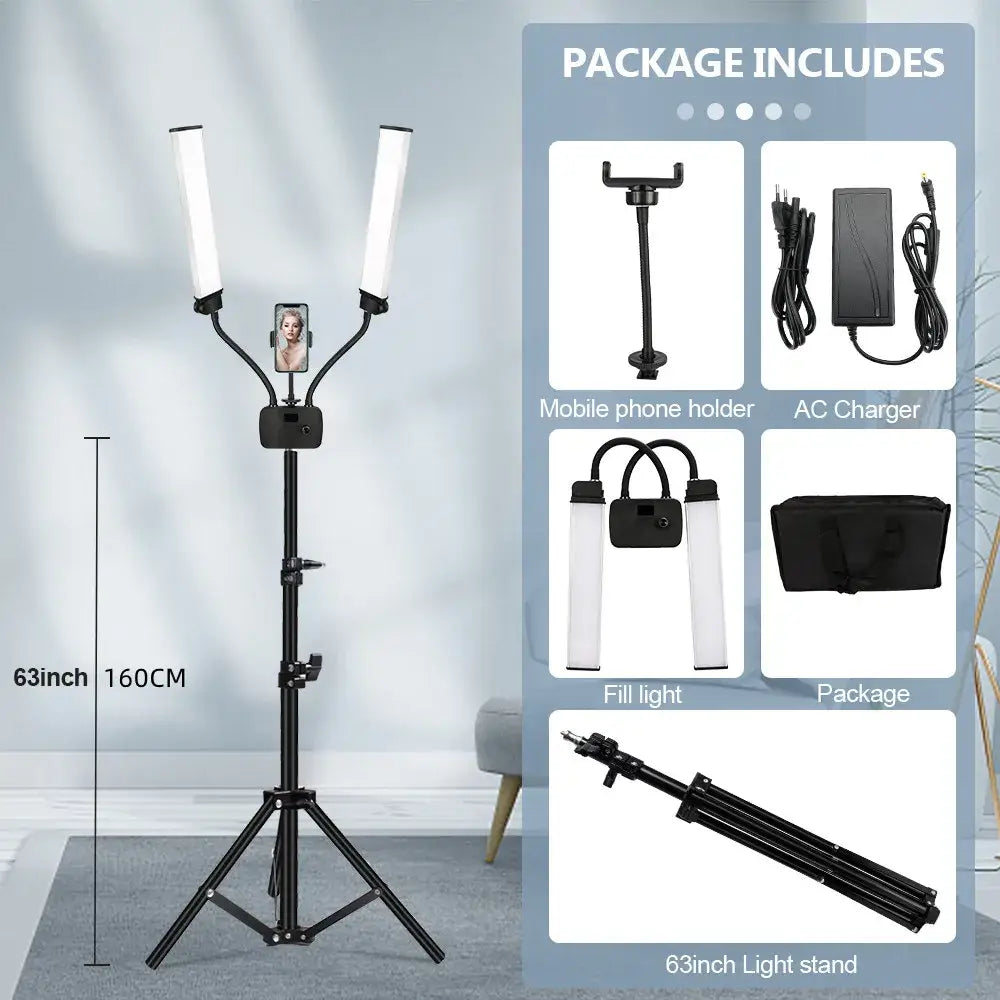 Modern black dualarm led beauty light with adjustable tripod stand and dual vertical led light bars for phone photography