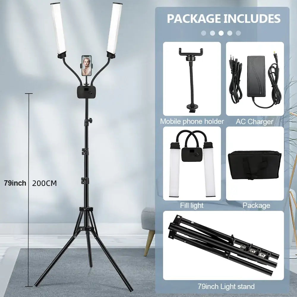 Modern black tripod-mounted decorbites dualarm led beauty light with adjustable arms and phone holder for bedroom use