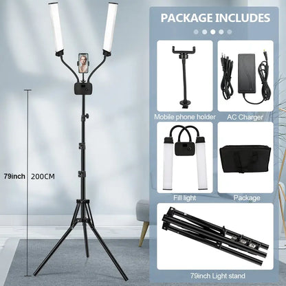 Modern black tripod-mounted decorbites dualarm led beauty light with adjustable arms and phone holder for bedroom use