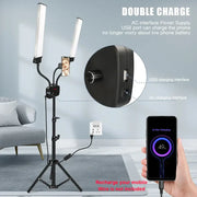 Modern black dualarm led beauty light with phone holder featuring ac power supply and usb charging for decorbites dualarm led