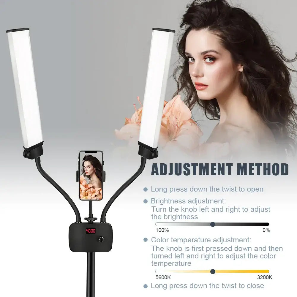 Modern black decorbites dualarm led beauty light with two vertical panels and smartphone mount for bedroom use