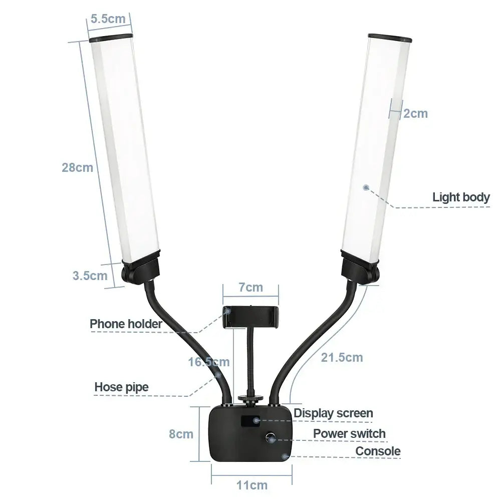 Modern black dualarm led beauty light with two translucent panels and central console for decorbites dualarm led use