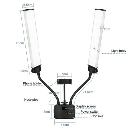 Modern black dualarm led beauty light with two translucent panels and central console for decorbites dualarm led use
