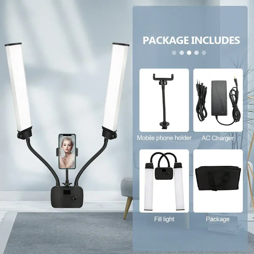 Modern black dualarm led beauty light with two white rectangular panels and phone holder for bedroom use by decorbites dualarm led