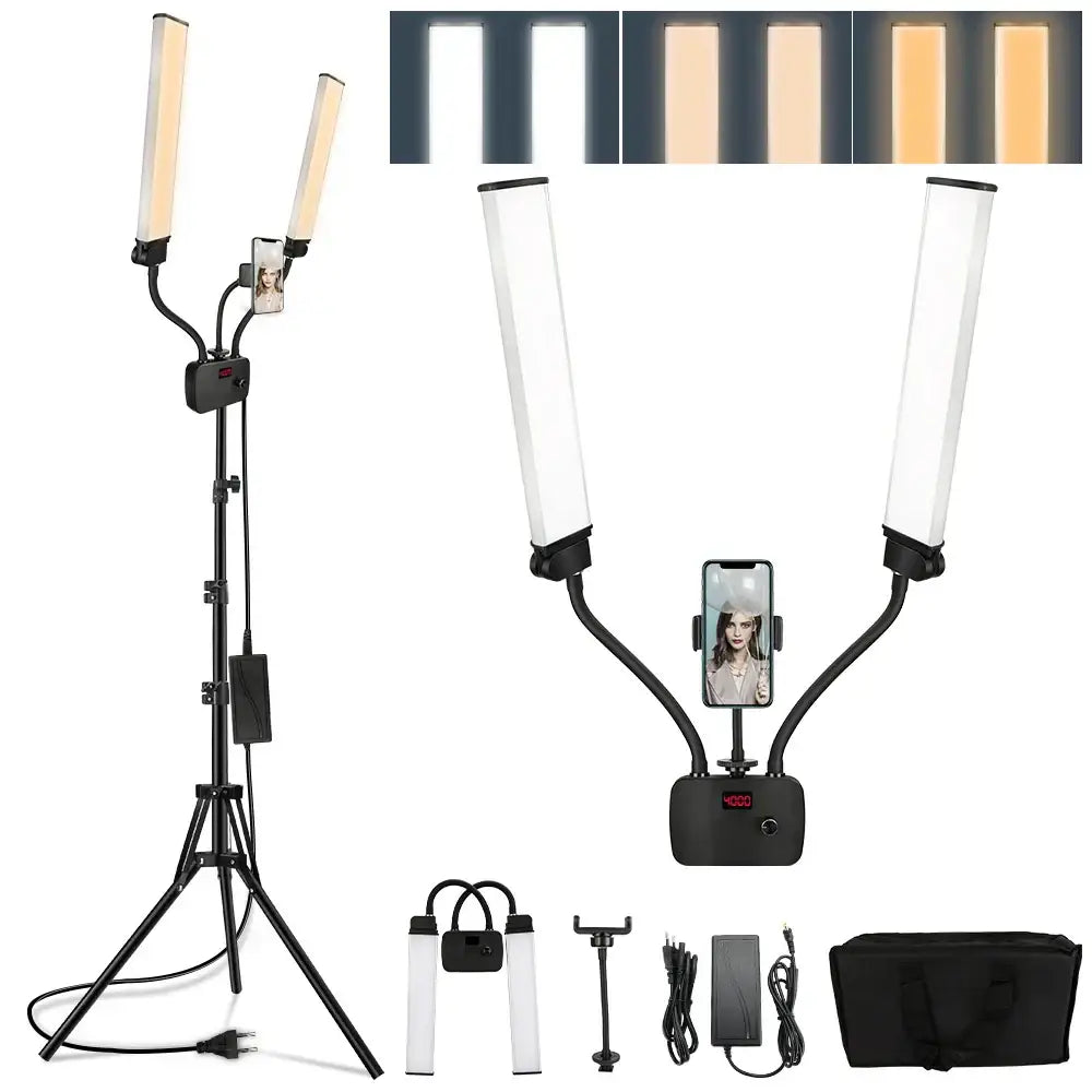Modern black dualarm led beauty light with adjustable gooseneck arms digital brightness and phone holder for bedroom use