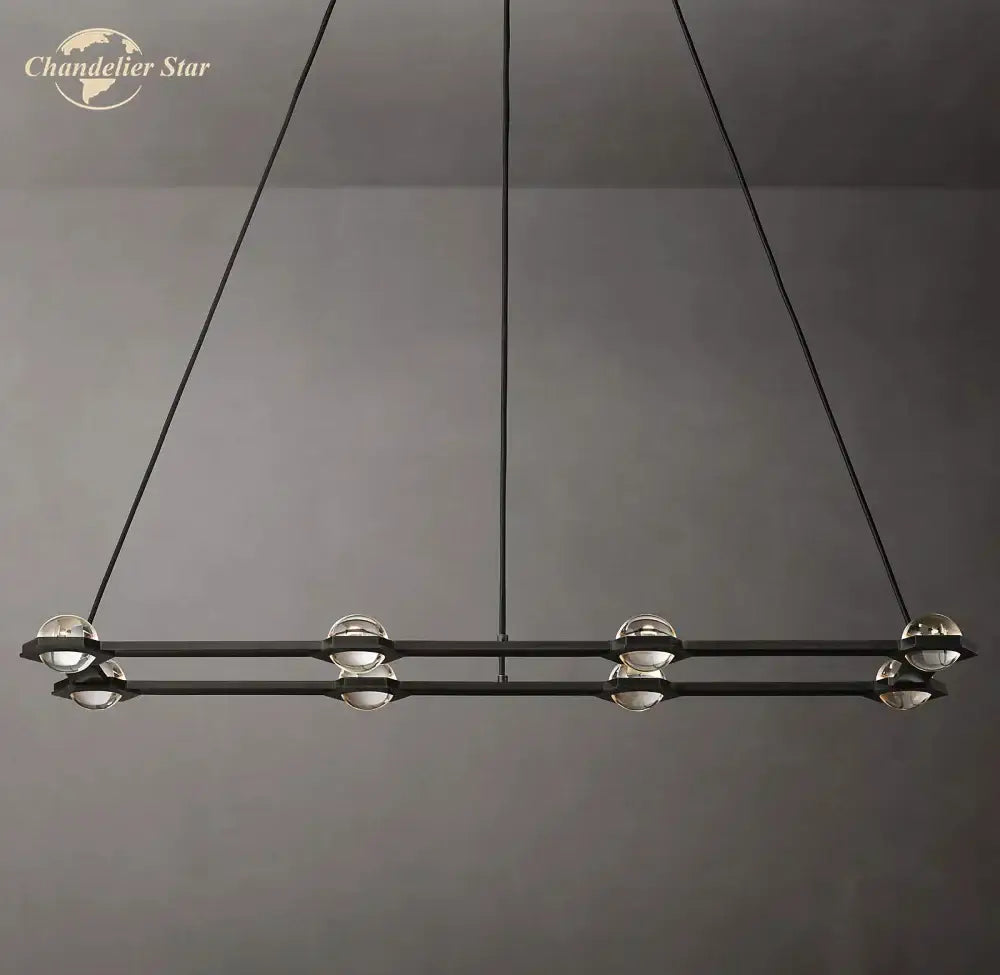Modern black éclatant crystal chandelier with clear glass globe bulbs suspended by thin cords for living room use