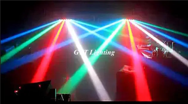Modern black eight eyes led scanner beam light with vibrant multicolored laser beams for room party use